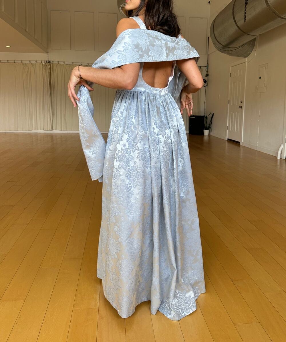 Jessica McClintock 14 Gown Blue Rose Bouquet Motif Satin Jacquard Prom Dress